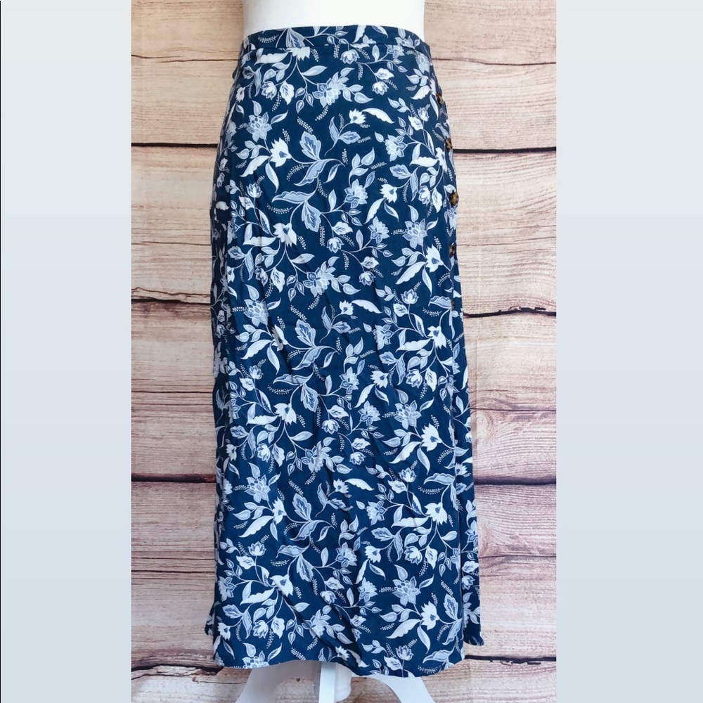LOFT OUTLET Womens XL Blue Floral Spring Maxi Skirt Side Button A-Line Long NWT